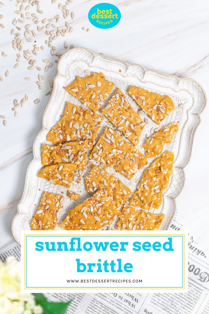 overhead shot of pieces of sunflower seed brittle with text overlay for pinterest