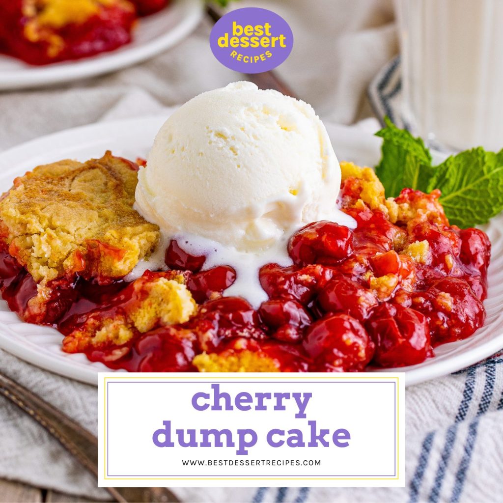 close up of cherry dump cake on a plate with text overlay for facebook