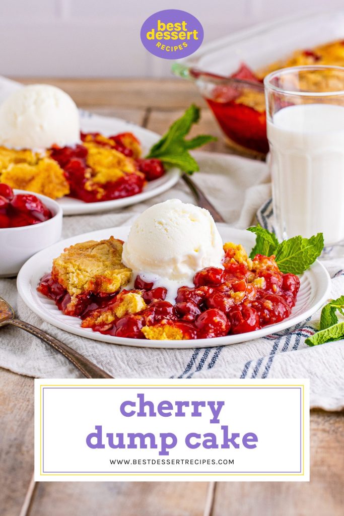plate of cherry dump cake with text overlay for pinterest