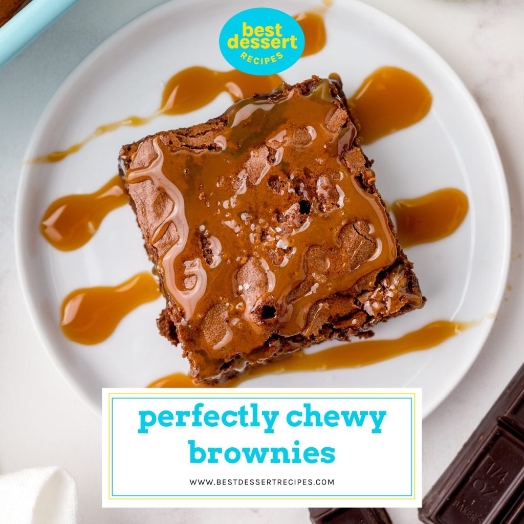 overhead shot of chewy brownie topped with caramel with text overlay for facebook