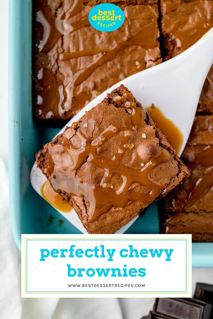 chewy brownie on a spatula with text overlay for pinterest