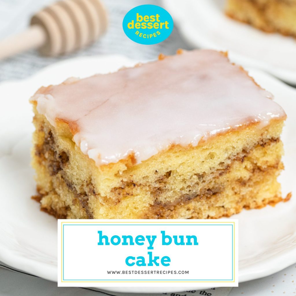 slice of honey bun on a plate with text overlay for facebook