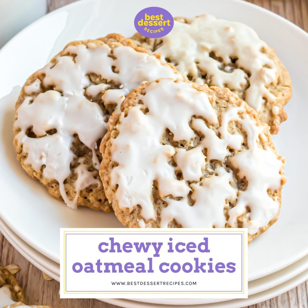 cloe up of iced oatmeal cookies on a plate with text overlay for facebook