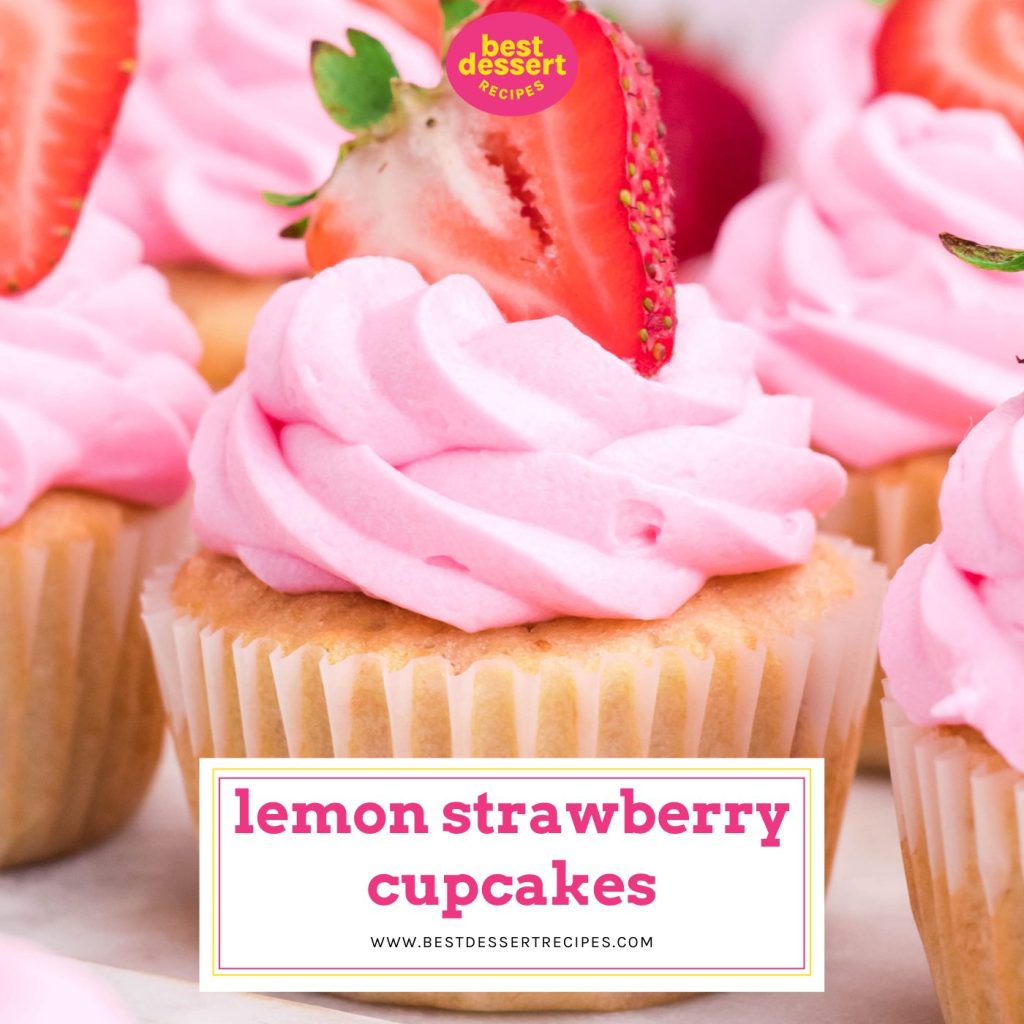 lemon strawberry cupcake with text overlay for facebook
