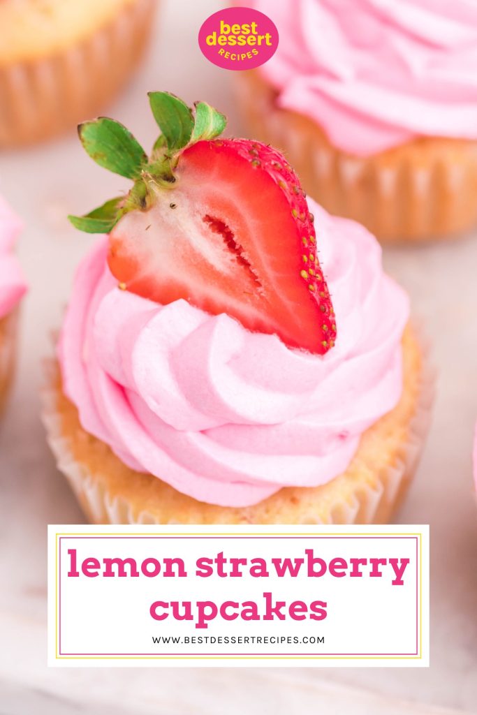 lemonade strawberry cupcake with text overlay for pinterest