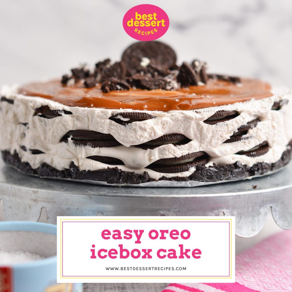 straight on shot of oreo icebox cake with text overlay for facebook