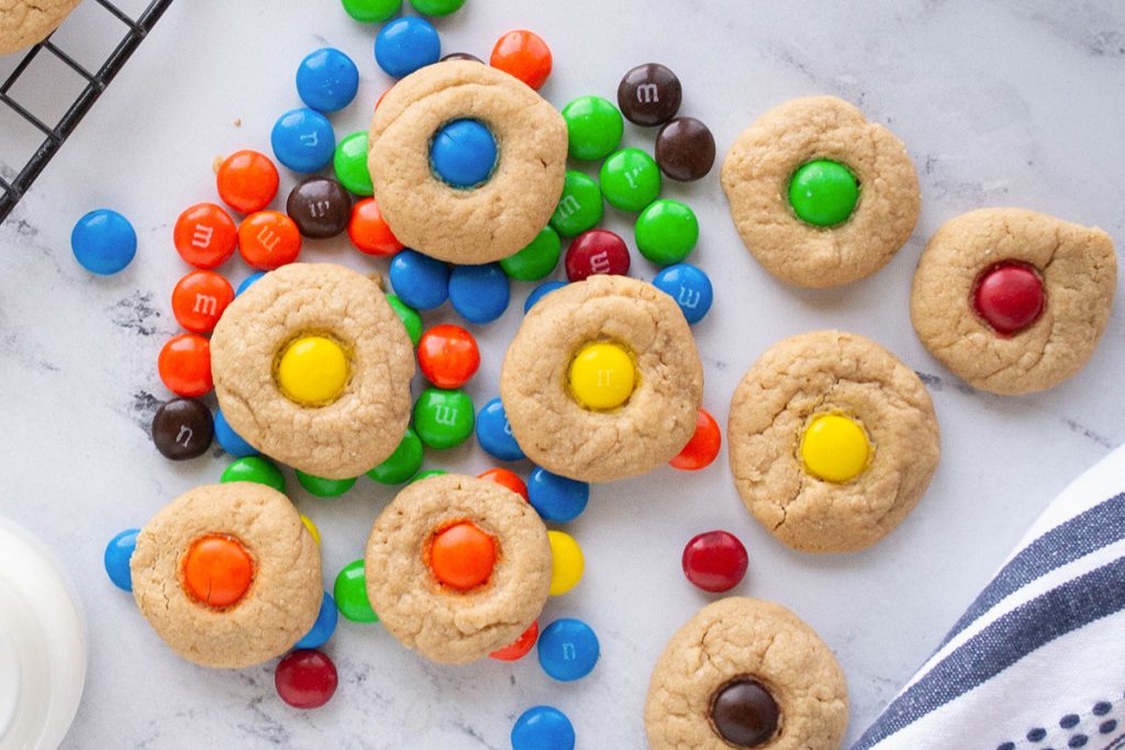 m&m peanut butter blossom cookies with m&ms