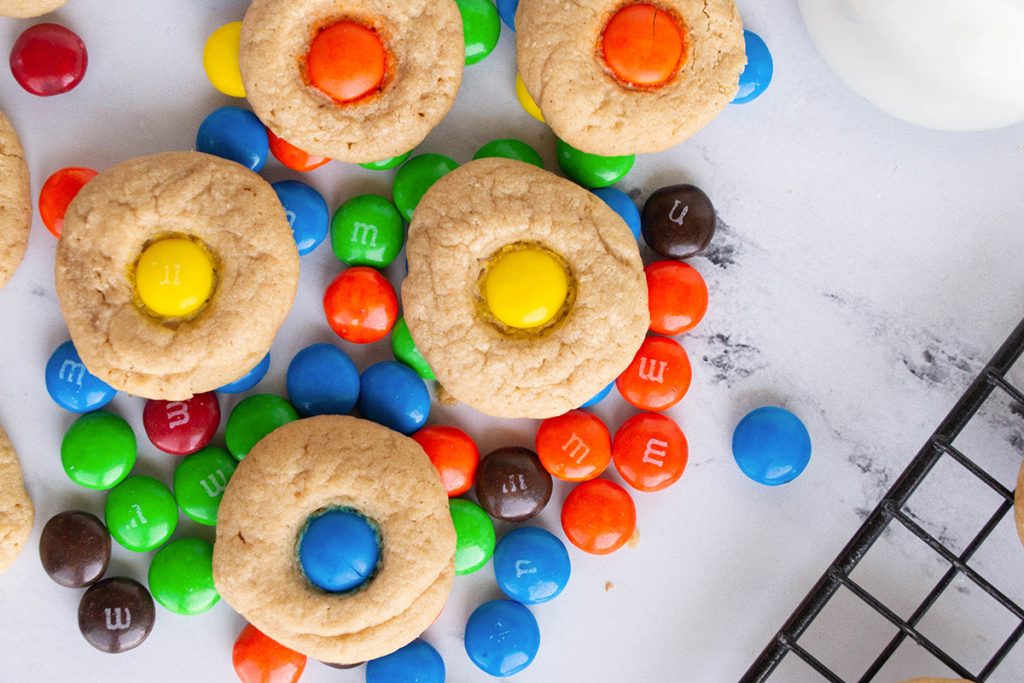 close up of m&m peanut butter blossom cookies