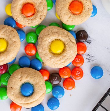 close up of m&m peanut butter blossom cookies