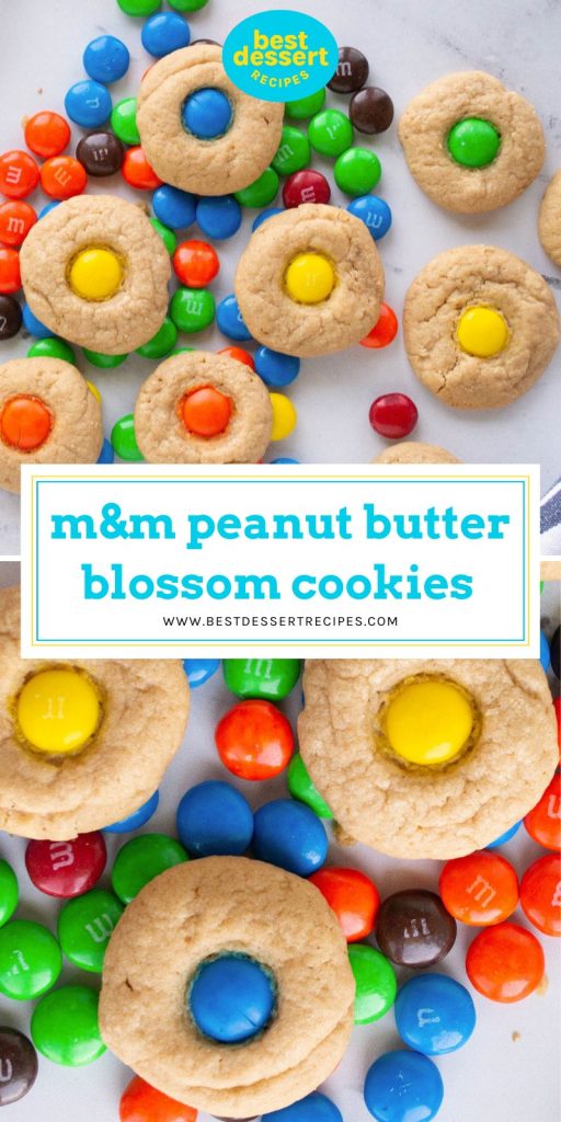 collage of M&M peanut butter blossom cookies for pinterest