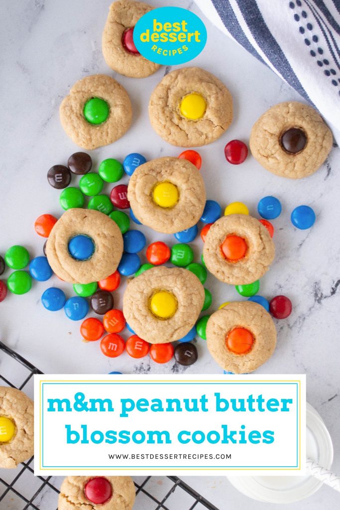 overhead shot of m&m peanut butter cookies with text overlay for pinterest