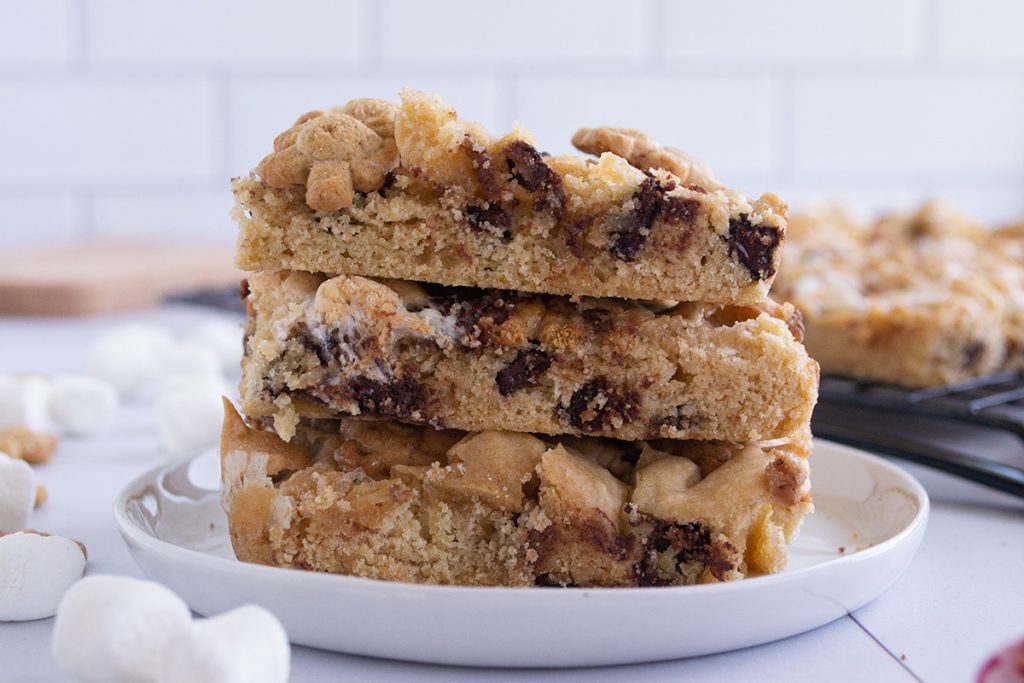 straight on shot of stack of three s'mores cookie bars