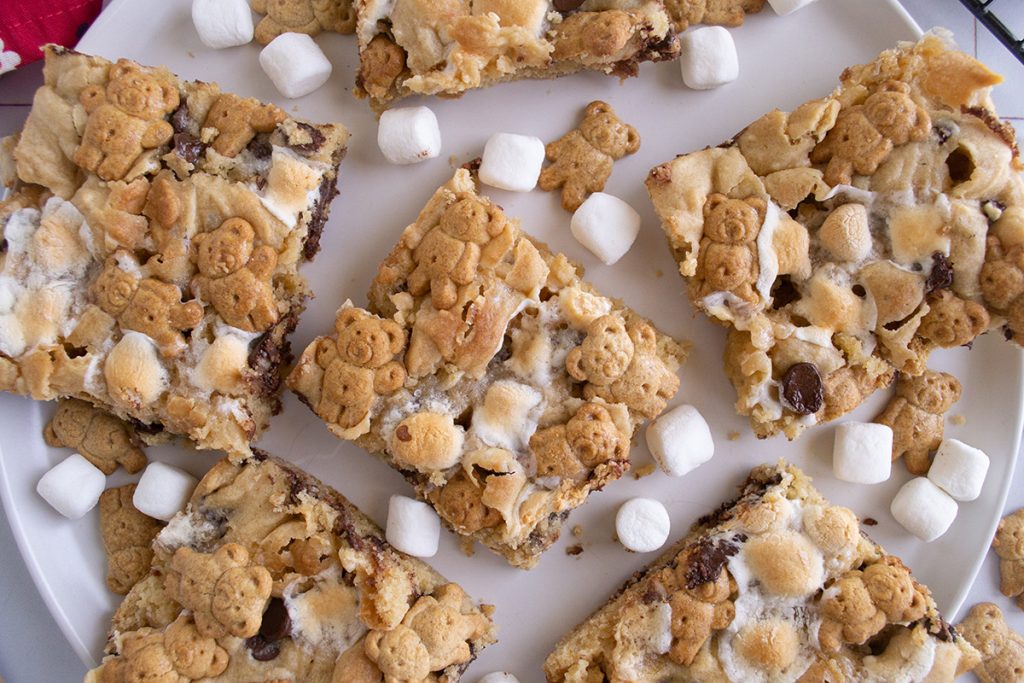 overhead shot of plate of s'mores cookie bars