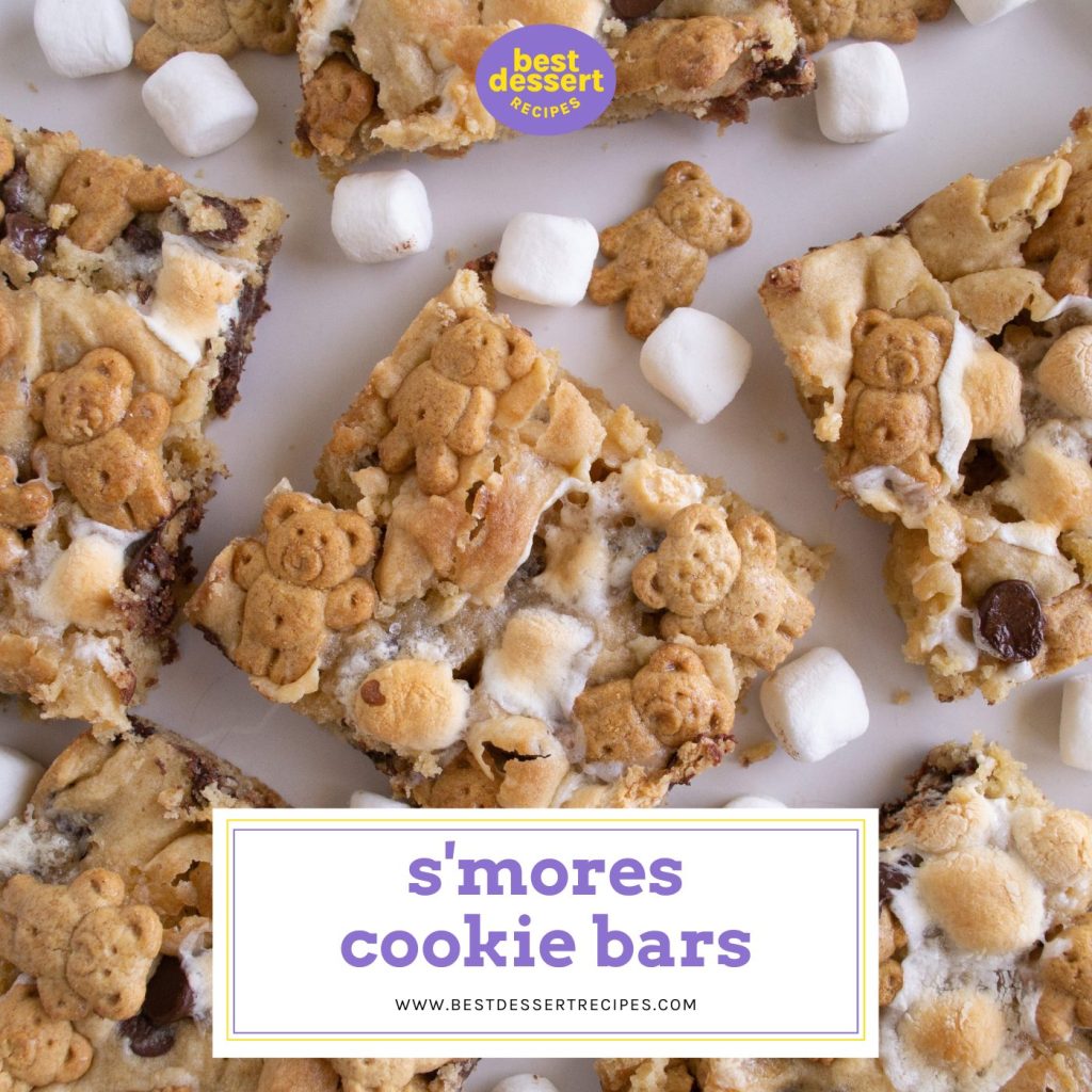 overhead shot of s'mores cookie bars with text overlay for facebook