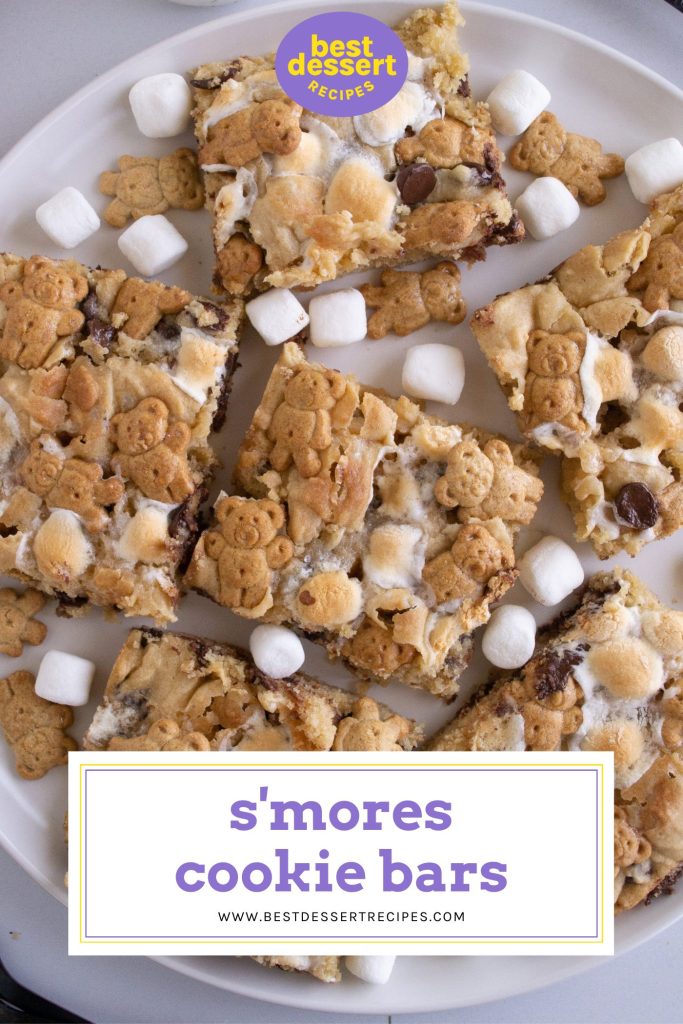 overhead shot of s'mores cookie bars with text overlay for pinterest