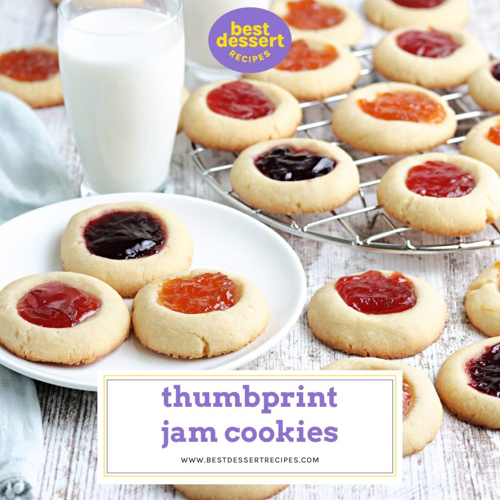 close up of thumbprint jam cookies on a plate