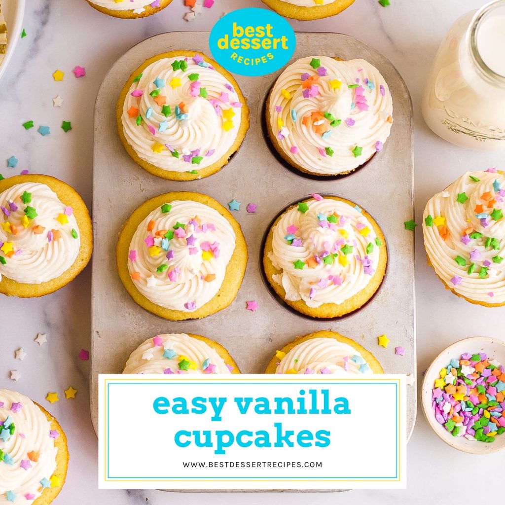 overhead shot of tray of vanilla cupcakes with text overlay for facebook