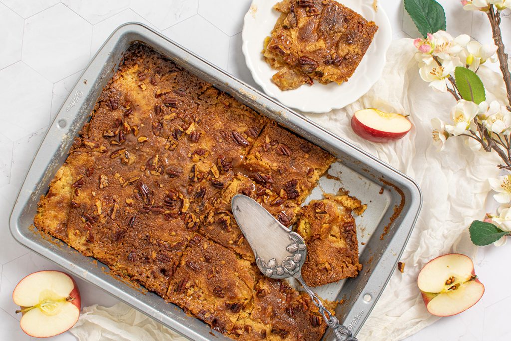 baked apple dump cake in a pan