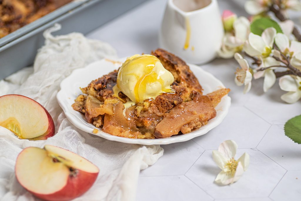 caramel and ice cream on apple dump cake