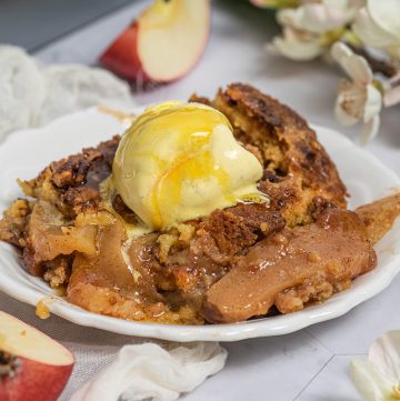 close up of caramel and ice cream on apple dump cake