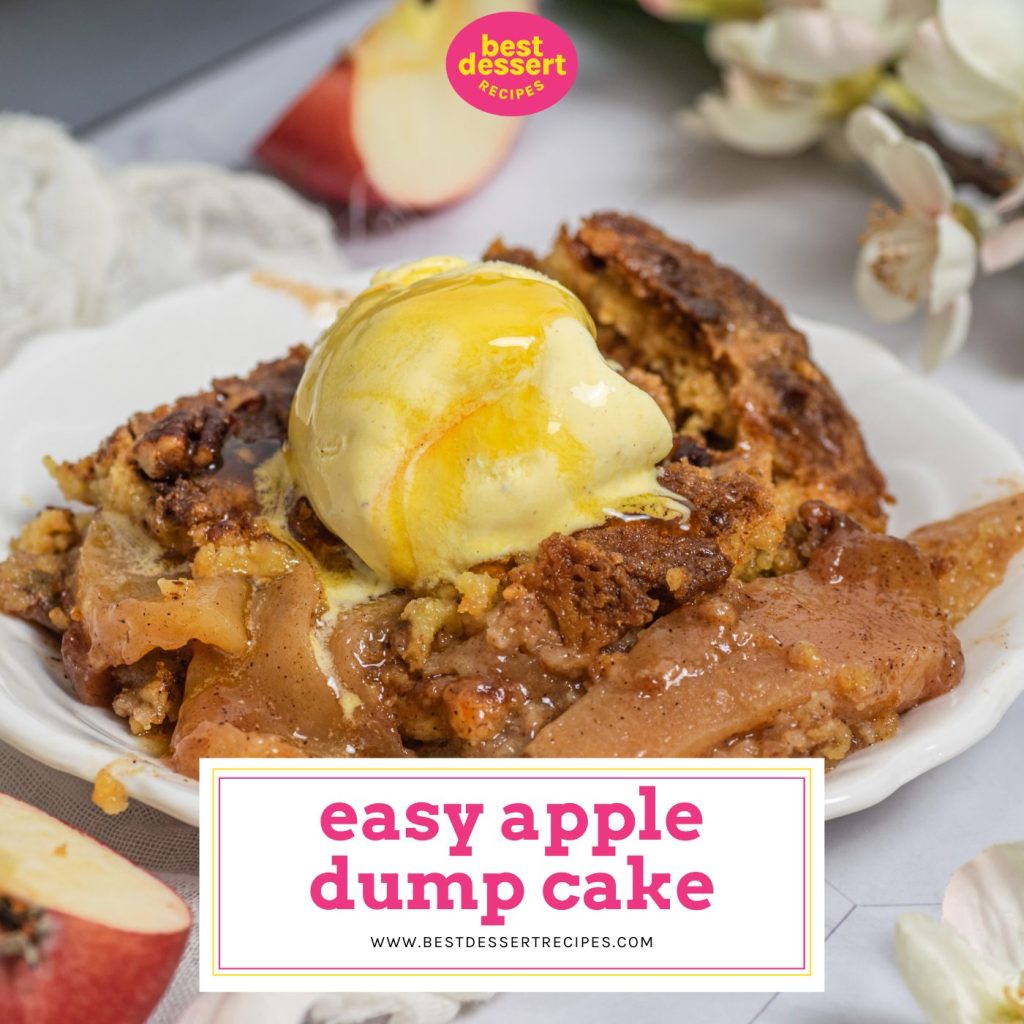 scoop of apple dump cake with text overlay for facebook