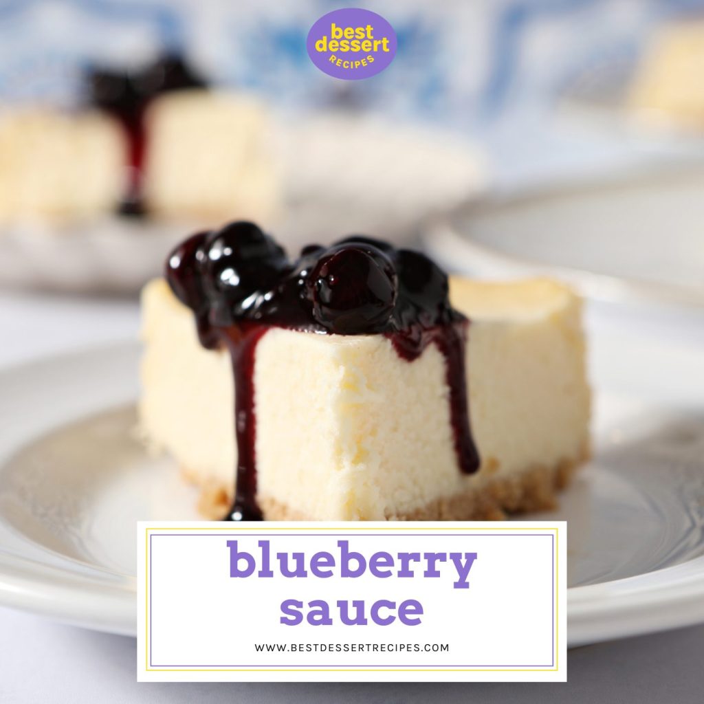 blueberry sauce on a slice of cheesecake with text overlay for facebook