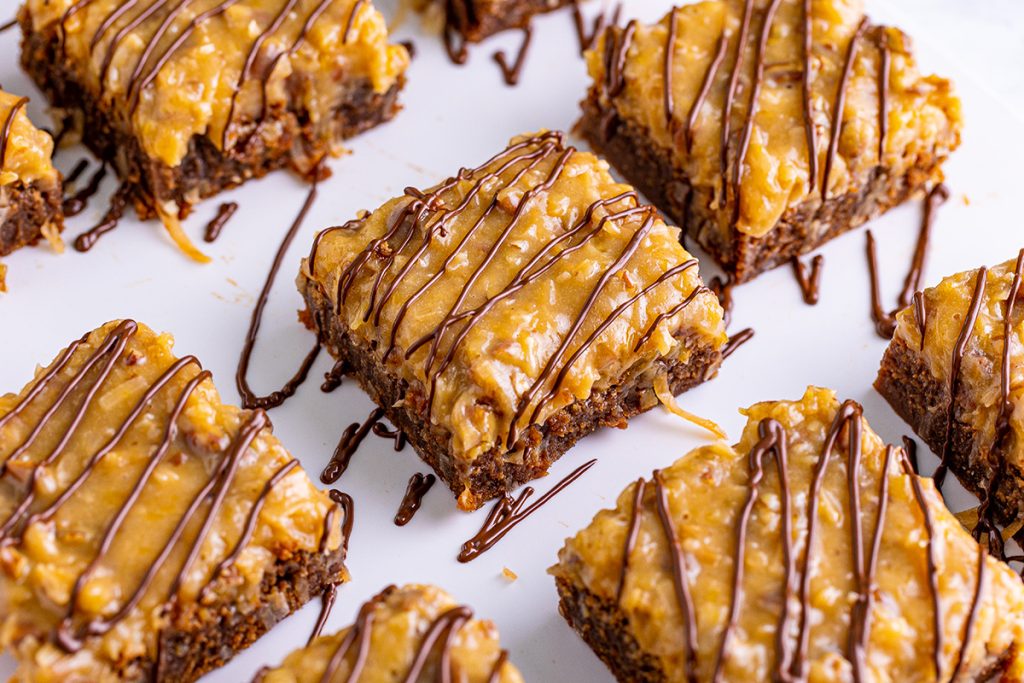 chocolate drizzled over german chocolate brownies