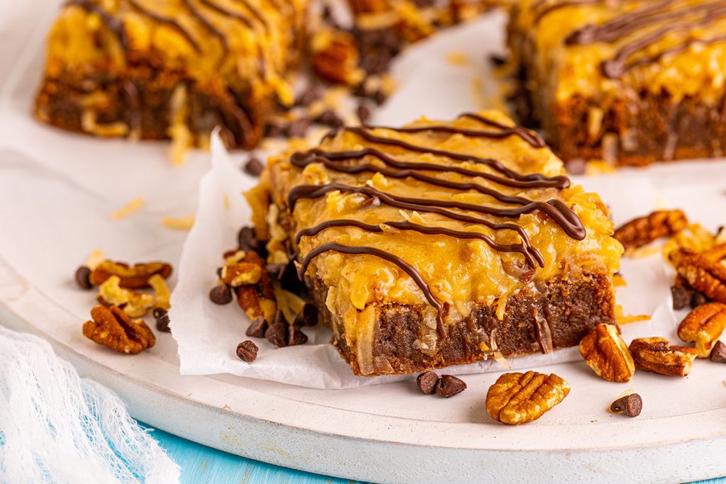 close up of german chocolate brownie