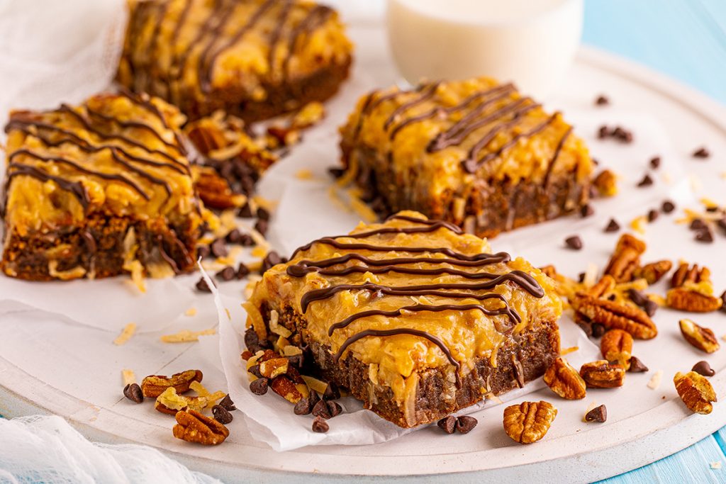 angled shot of german chocolate brownies on a tray