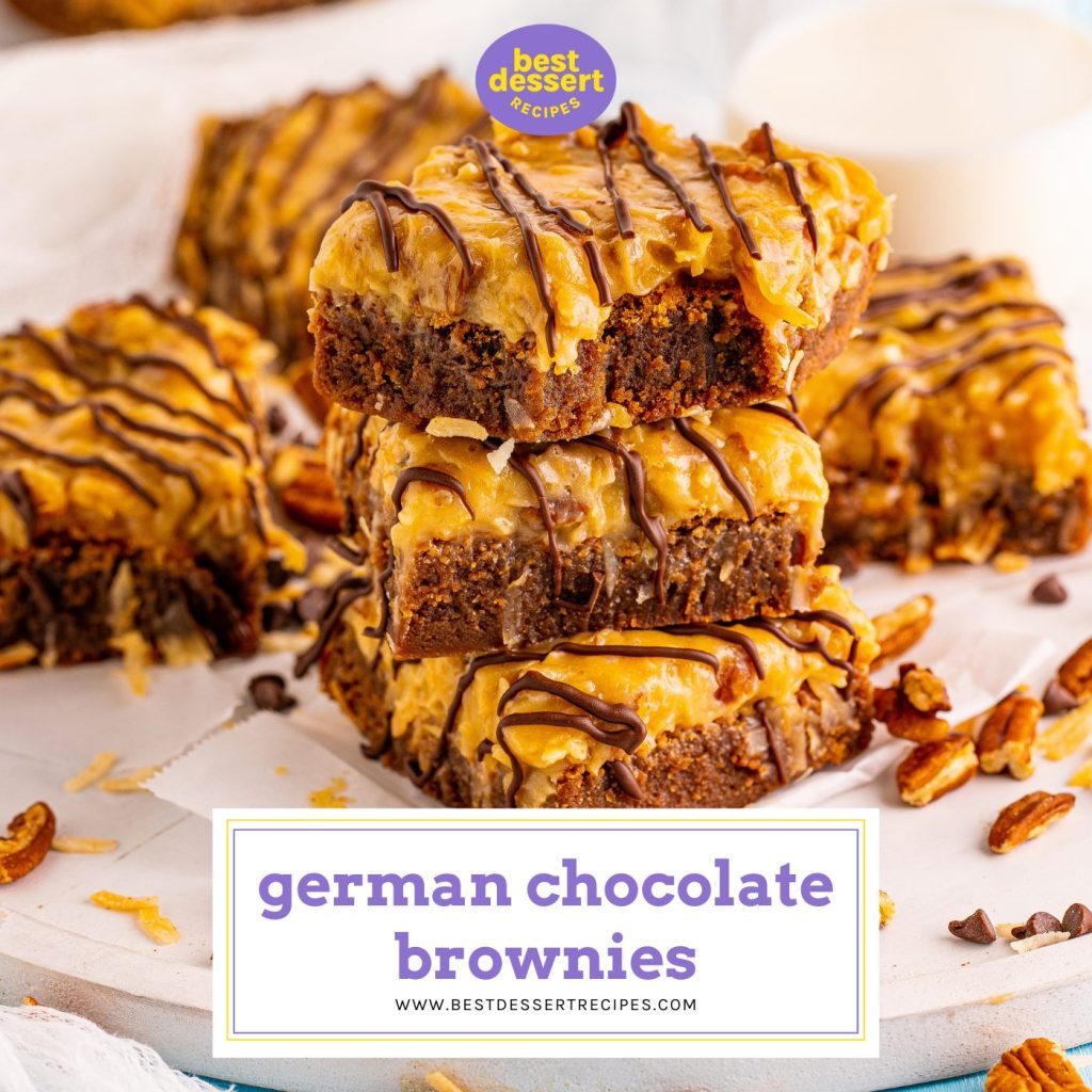 stack of german chocolate brownies with text overlay for facebook