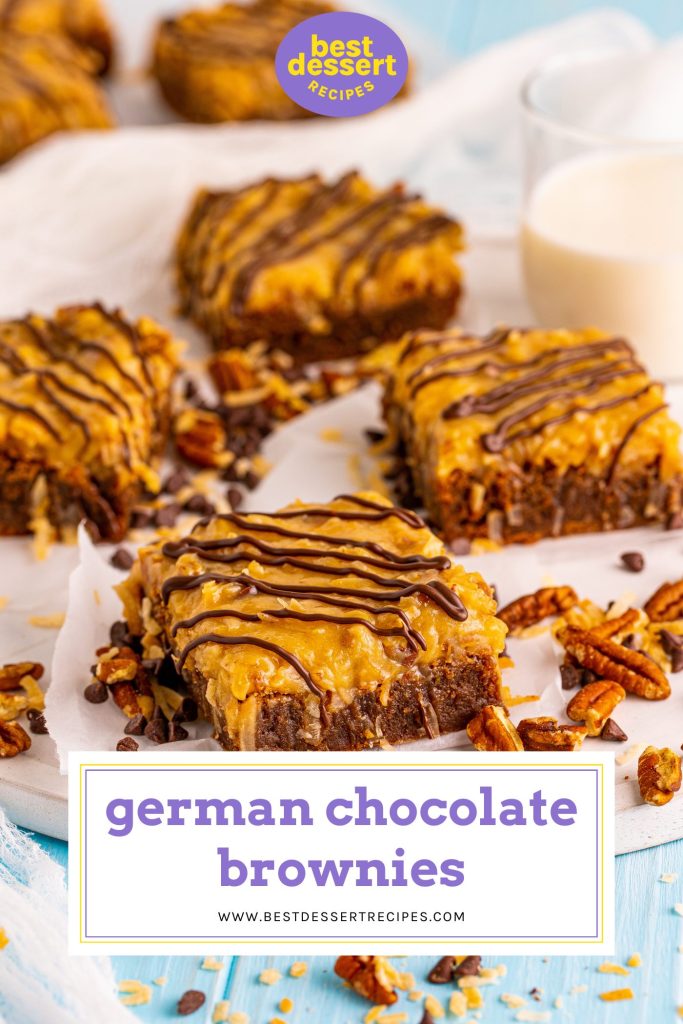 german chocolate brownies on a tray with text overlay for pinterest
