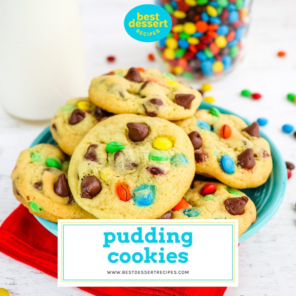 plate of chocolate chip pudding cookies with text overlay for facebook