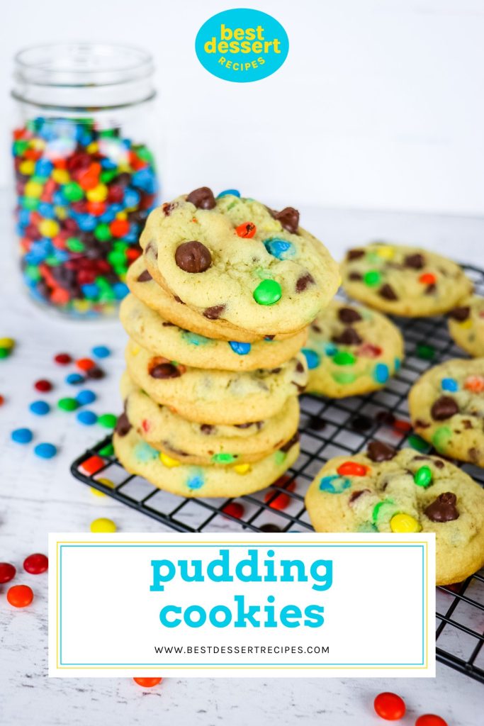 stack of chocolate chip pudding cookies on a rack with text overlay for pinterest
