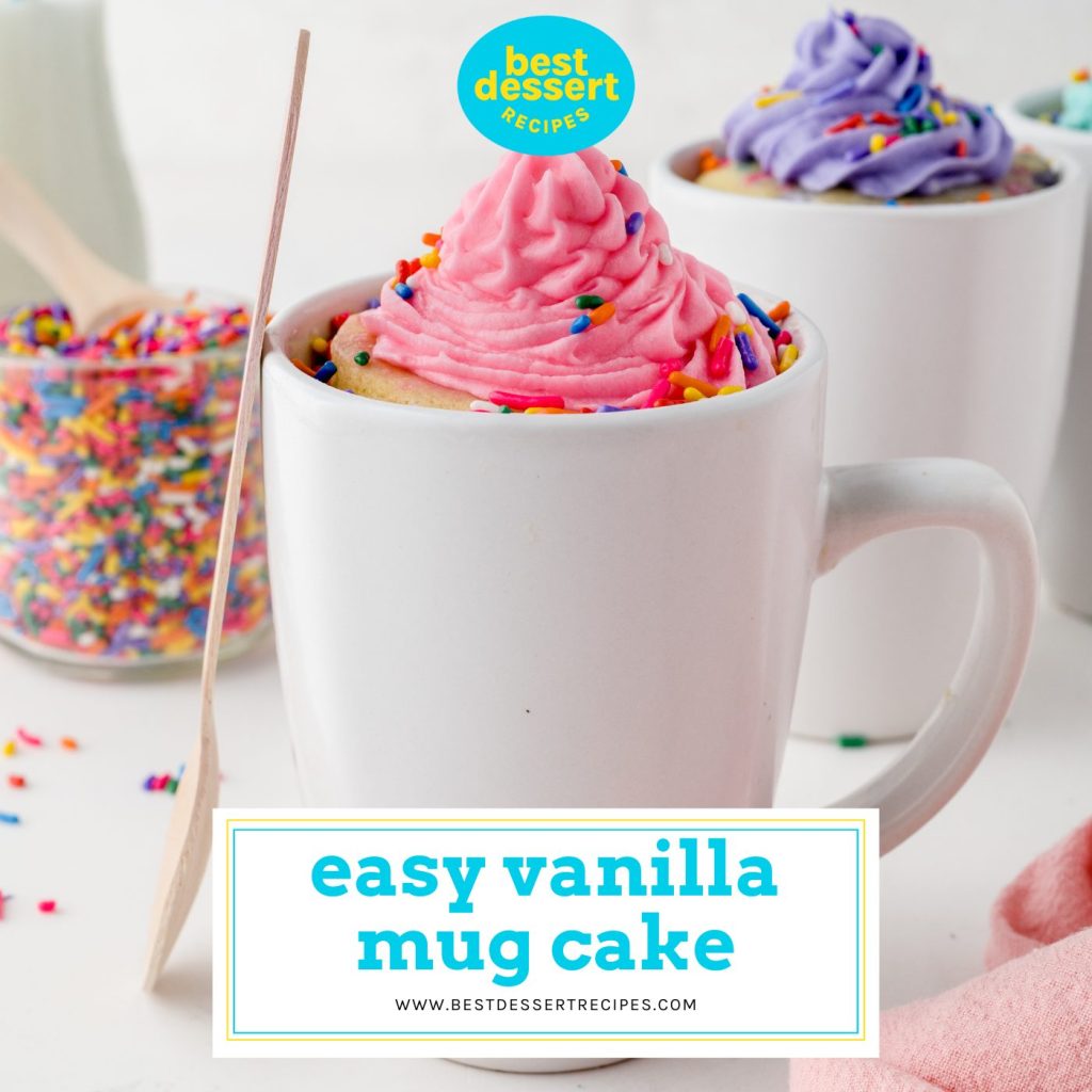 vanilla mug cake with text overlay for facebook