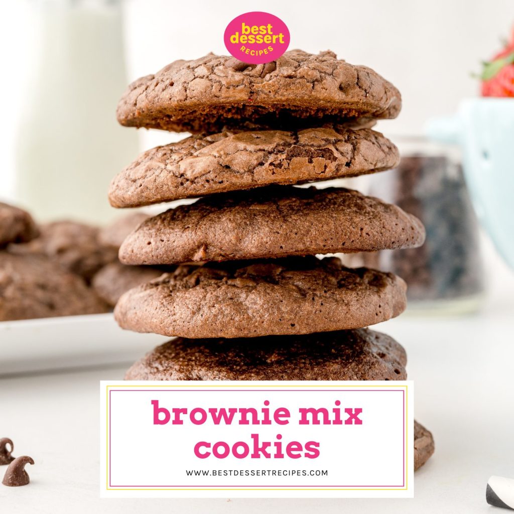 stack of brownie mix cookies with text overlay for facebook
