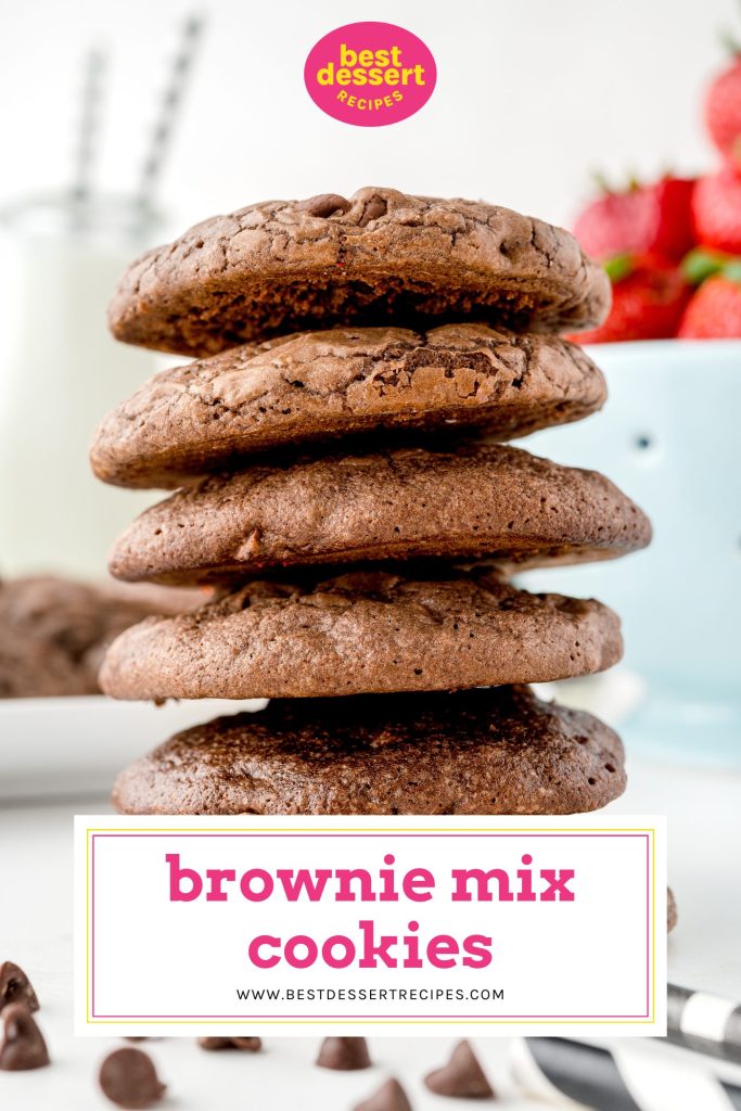 stack of brownie batter cookies with text overlay for pinterest