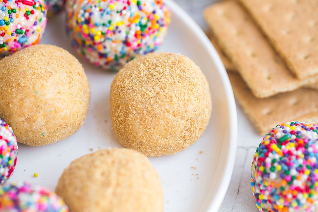 close up of graham cracker cheesecake bite