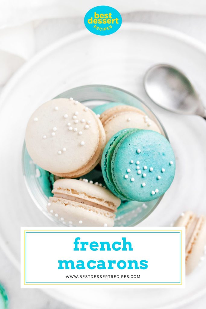 overhead shot of jar of macarons with text overlay for pinterest