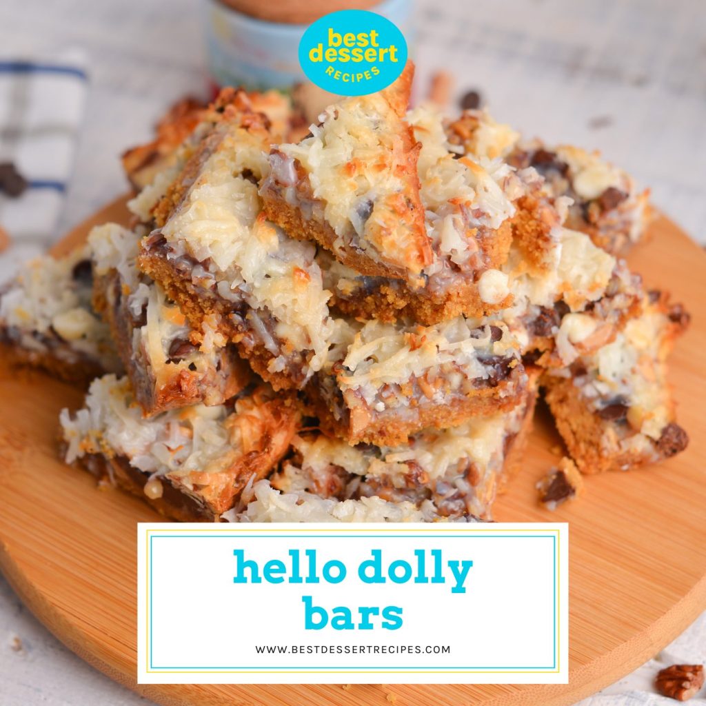 pile of seven layer bars with text overlay for facebook