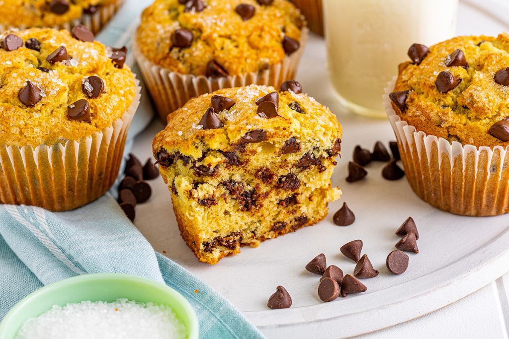 chocolate chip muffin cut in half