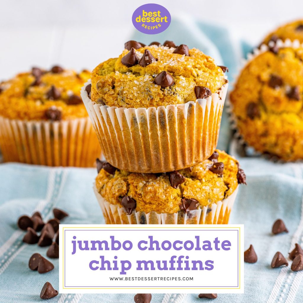 stack of chocolate chip muffins with text overlay for facebook