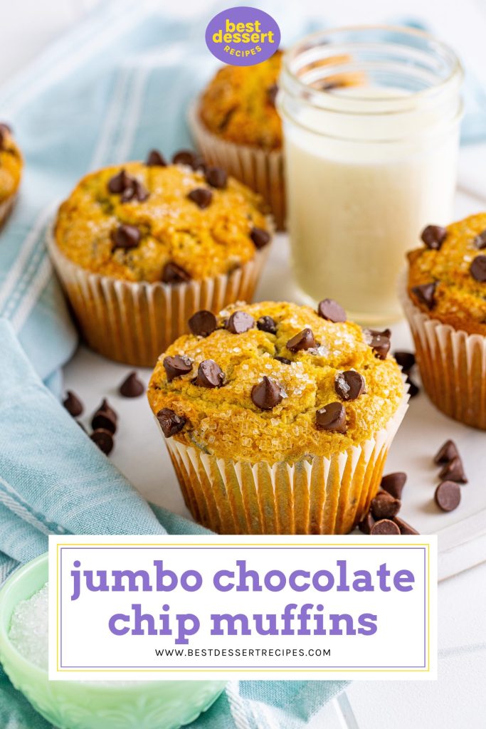 chocolate chip muffins on a tray with text overlay for pinterest