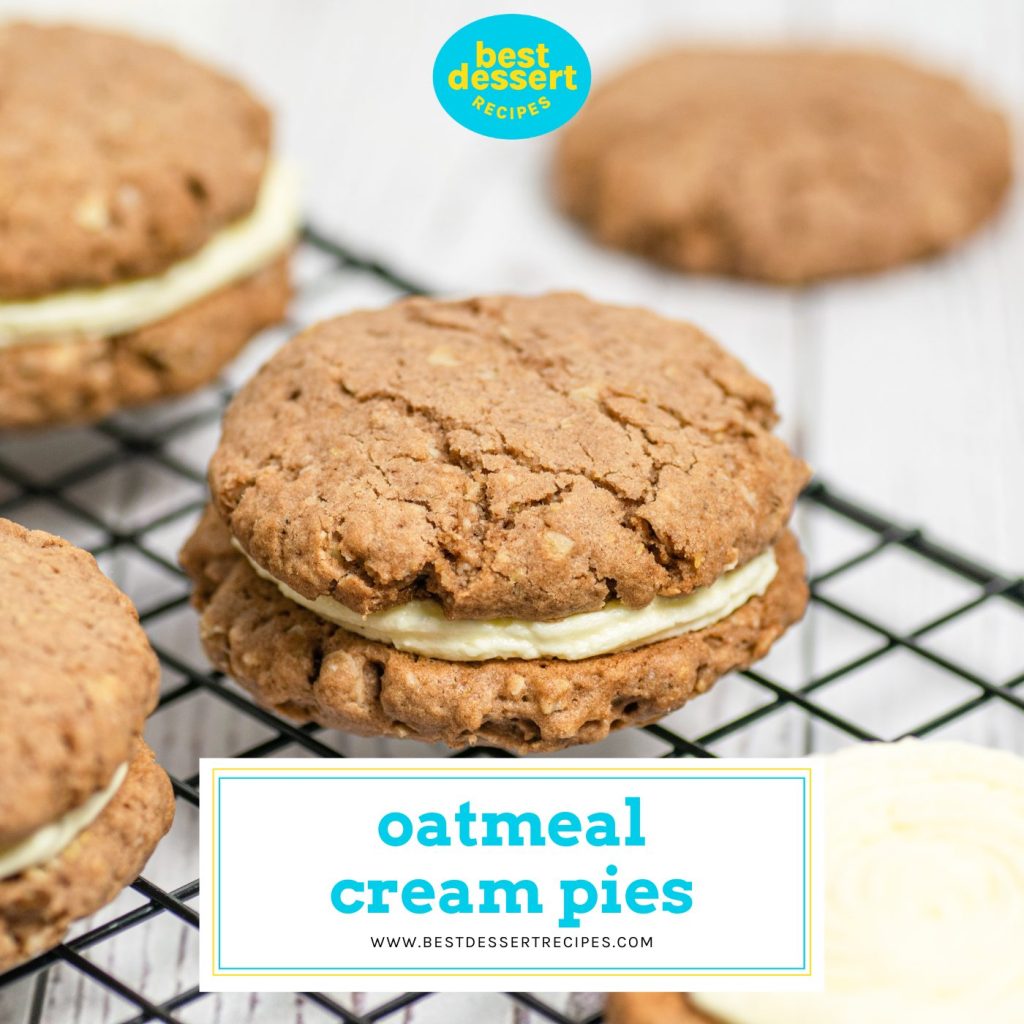 close up of oatmeal cream pie on cooling rack with text overlay for facebook