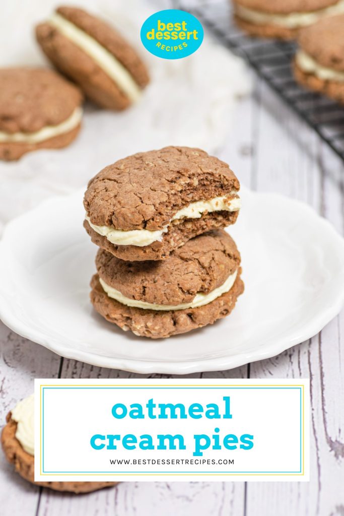 stack of two oatmeal cream pies with text overlay for pinterest