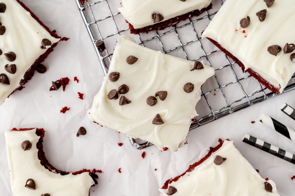 overhead shot of red velvet brownies