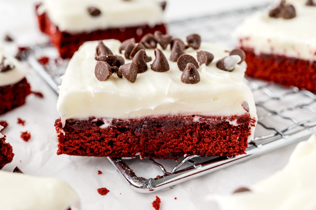 straight on shot of red velvet brownie on cooling rack