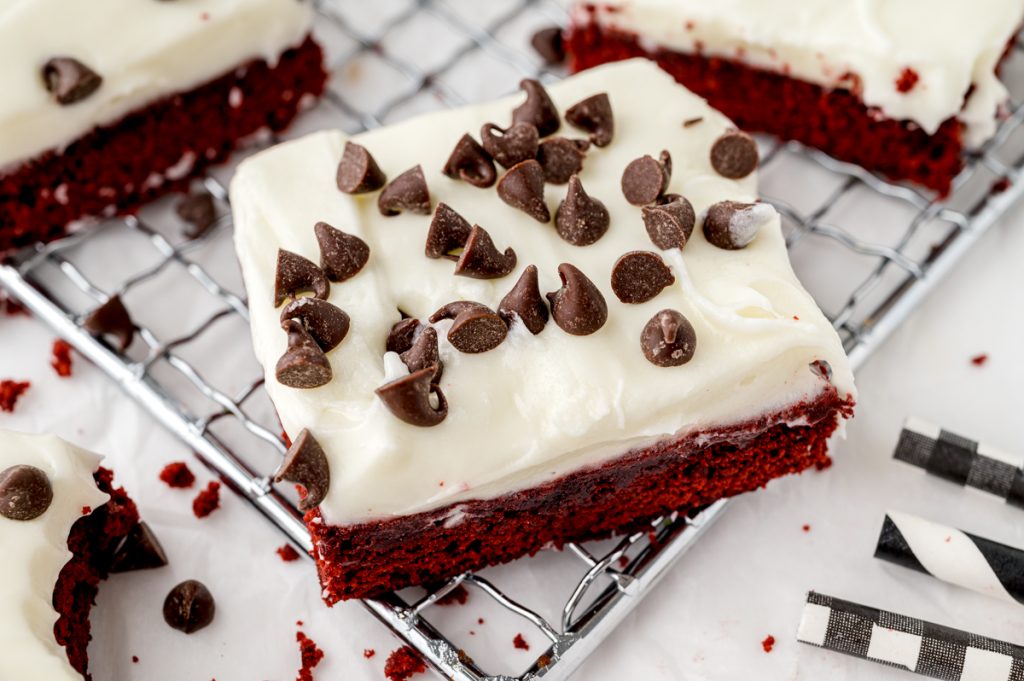 angled shot of red velvet brownie