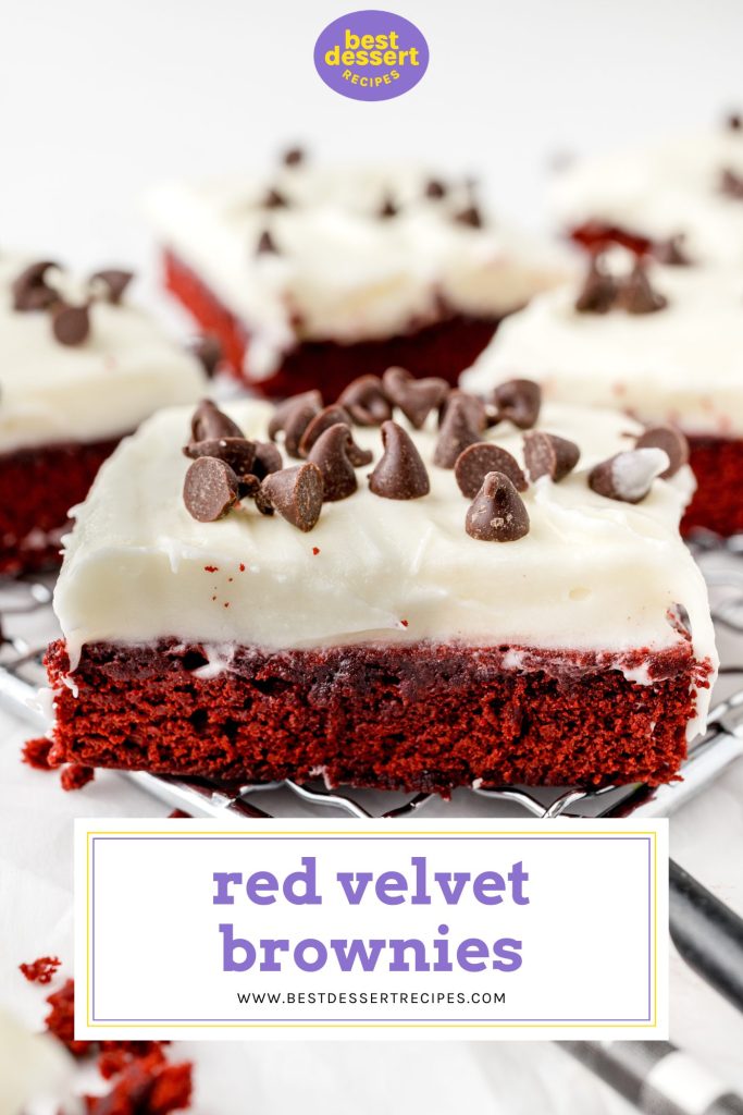 one red velvet brownie with text overlay for pinterest