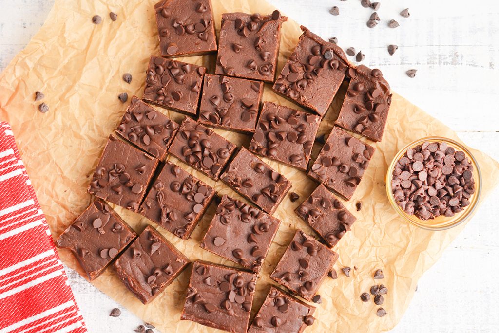 overhead shot of sliced chocolate fudge