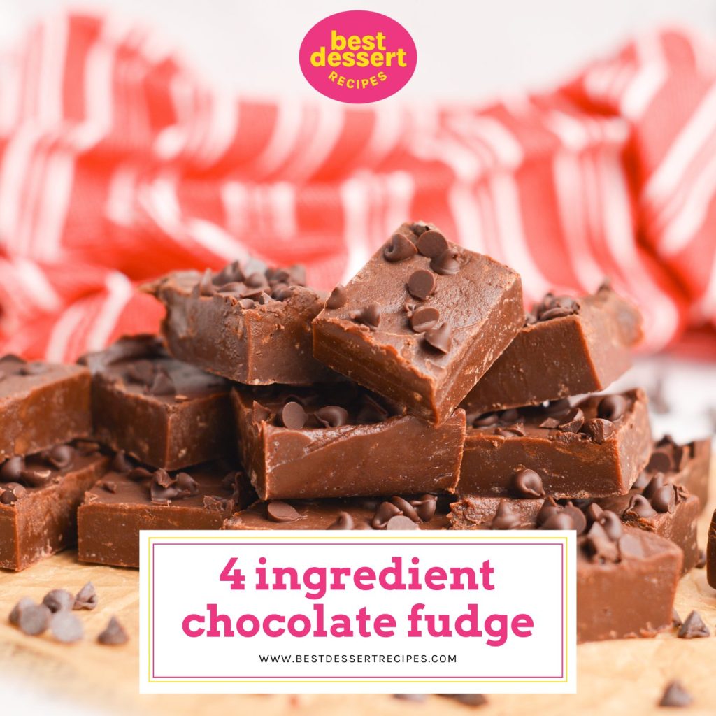 straight on shot of 4 ingredient chocolate fudge with text overlay for facebook